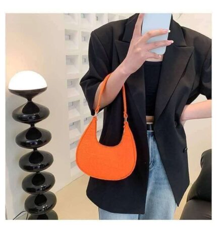 Chic Orange Croc-Texture Moon Bag